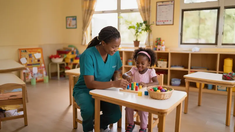 A therapist and a little girl stack coloured rings on a pegboard in a bright therapy room