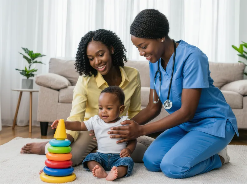 At home, a therapist helps a baby reach for a stacking toy while the baby's mother smiles