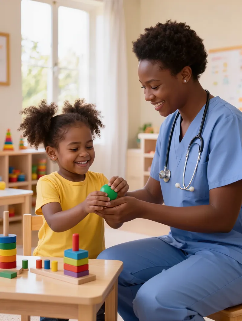 An occupational therapist and a smiling little girl hold a soft green ball together beside a table of stacking toys