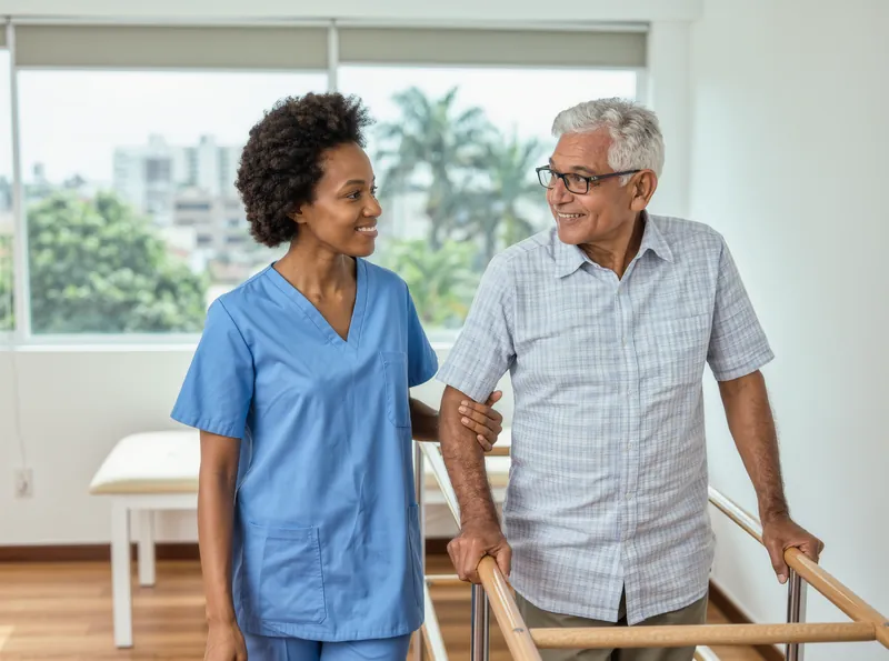A physiotherapist supports an older man's elbow as he walks between parallel bars